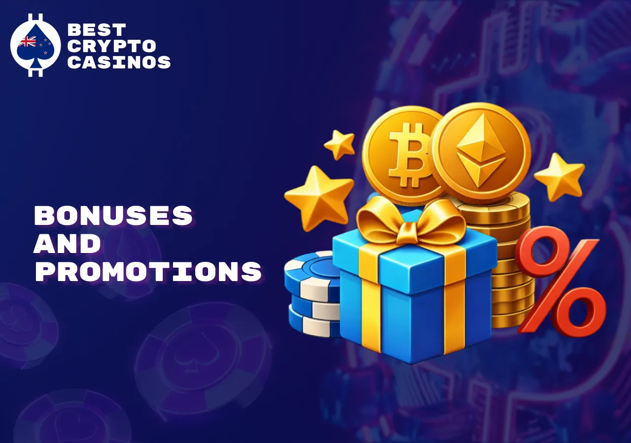 Bonuses and promotions in crypto casinos including free spins and rewards.