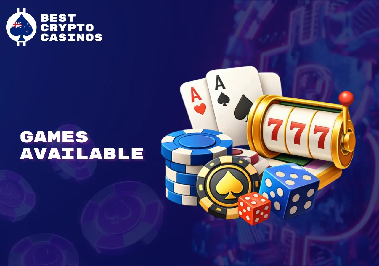 Games available in crypto casinos including slots, live dealers, and high RTP titles.